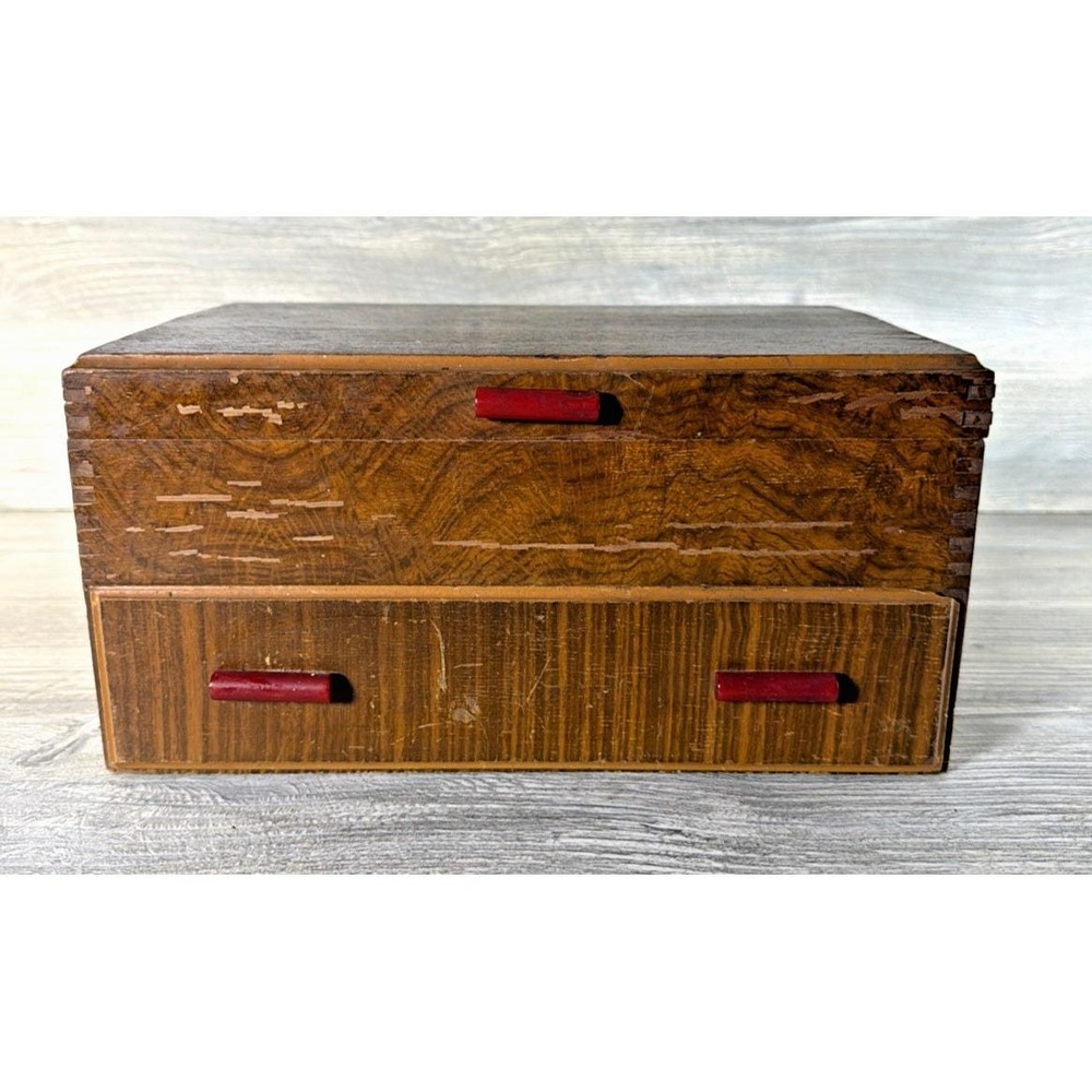Vtg Pilliod Swanton Ohio MCM Wood Jewelry Trinket Box Bakelite Mirror & Drawer